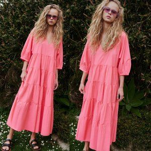 NEW zara tiered poplin pink dress size S,